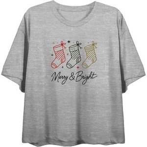 Merry & Bright Christmas Stocking Line Art  Women's Crew Neck Short Sleeve Crop Tee - 1 of 3