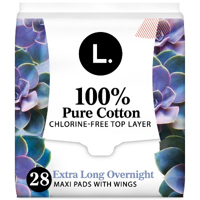 L. Organic Cotton Topsheet Extra Long Overnight Pads - 28 Count x 2 Packs  (56 Count Total)