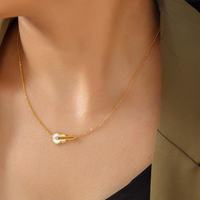 Clotth Minimalist Violin-Shaped Shell and Diamond Set Pendant Necklace,Titanium Steel Choker for Women,Gold necklace-17.12 2.36inch