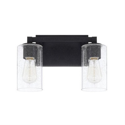 Black Iron 2-Light Vanity Fixture with Clear Seeded Glass Shades