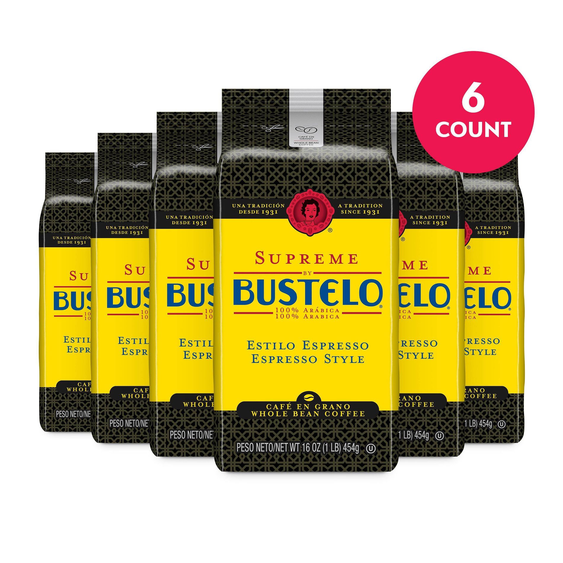 Cafe Bustelo 6 Count/16oz Each Espresso Style Dark Roast Whole Bean Coffee