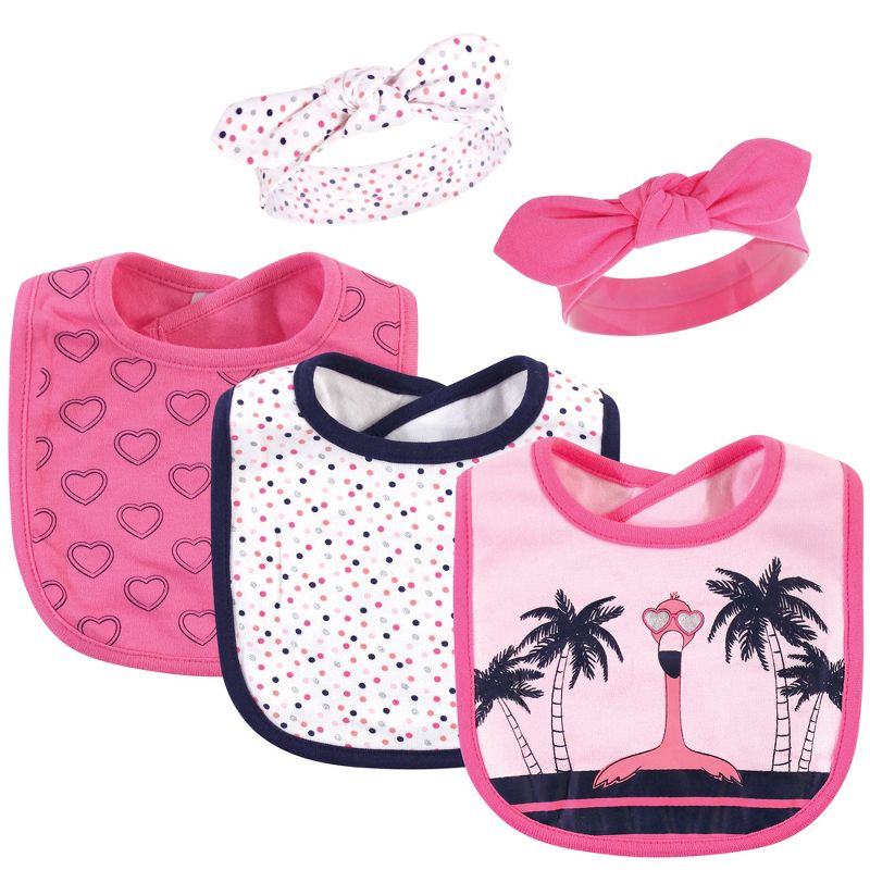 Hudson Baby Infant Girl Cotton Bib and Headband Set 5pk, Tropical Flamingo, One Size, 1 of 3