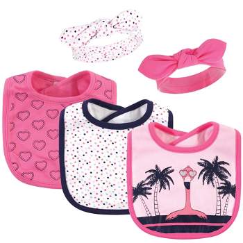 Hudson Baby Infant Girl Cotton Bib and Headband Set 5pk, Tropical Flamingo, One Size