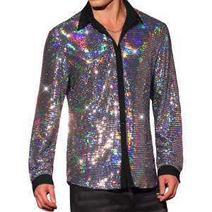 Lars Amadeus Men's Long Sleeves Button Down Disco Party Shiny Sequin Shirt - 1 of 4