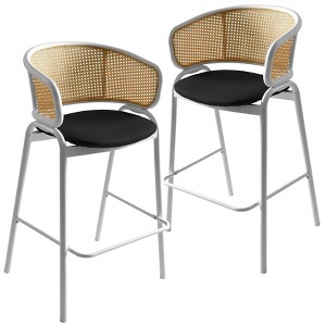 LeisureMod Ervilla Wicker Bar Stool with Fabric Seat and White Steel Frame Black Leather Set of 2 - 1 of 4