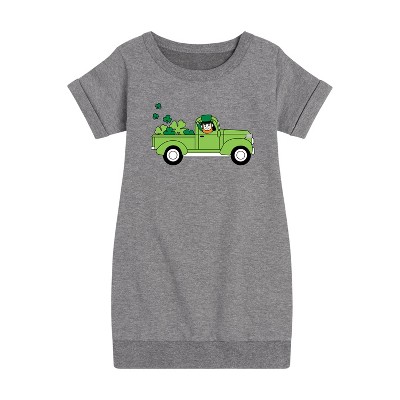 - Instant Message - St. Patrick's Day Leprechaun Truck Delivering Luck Graphic Short Sleeve Fleece Dress