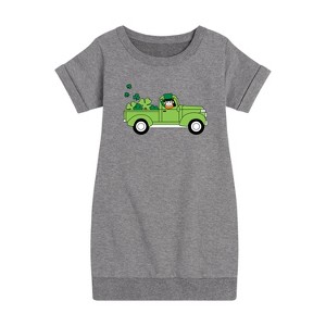 Girls' - Instant Message - St. Patrick's Day Leprechaun Truck Delivering Luck Graphic Short Sleeve Fleece Dress - 1 of 4