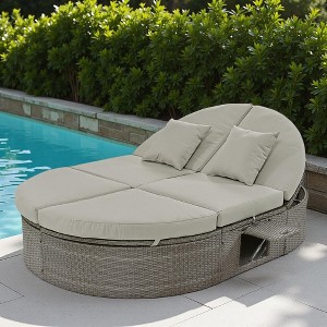 Outdoor Patio Rattan Round Daybed Sunbed with Adjustable Backrests and Foldable Cup Trays - 1 of 4