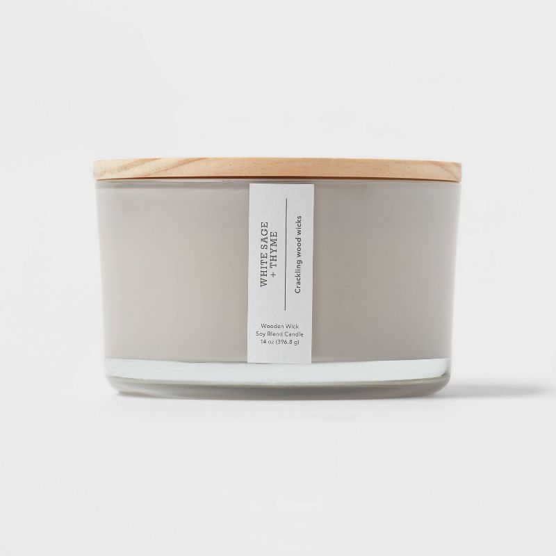 14oz 3-Wick Round Base Glass Candle with Wooden Wick White Sage &#38; Thyme Gray - Threshold&#8482;, 1 of 7