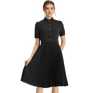 Allegra K Women's Elegant Short Sleeve Ruffle Stand Neck Belted Waist Pleated A Line Midi Dress - 1 of 4