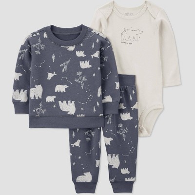 Image of Carter's Just One You®️ Baby Boys' Polar Bear 3pc Top & Bottom Set - Gray 6M