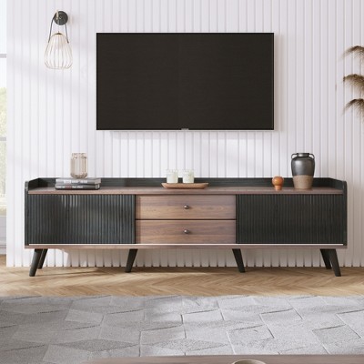 63"W Mid Century TV Stand TV Console Entertainment Center Media Console with Drawers and Push-pull Cabinets for TVs Up to 70", Coffee+Black-ModernLuxe