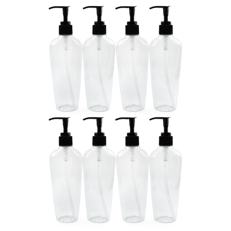 Cornucopia Brands 8oz Clear Oval Plastic Lotion Pump Borttles 8pk; Empty Containers w/ Black Pump Dispensers, 1 of 6