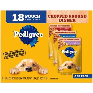 Pedigree Chopped Ground Dinner Chicken, Steak, Beef and Bacon Flavor Pouch Variety Pack Wet Dog Food - 63oz - 1 of 4