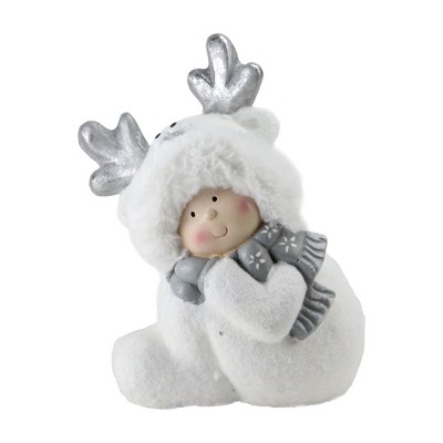 Northlight 12.5" White and Gray Smiling Child with Reindeer Snow Suit Christmas Tabletop Decor