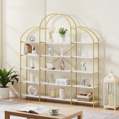 5-Tier Tall Metal Office Bookcase,Bookshelf with X Back Bar Frame,Adjustable Foot Pads,Modern Freestanding Display Shelf-Baofuwish