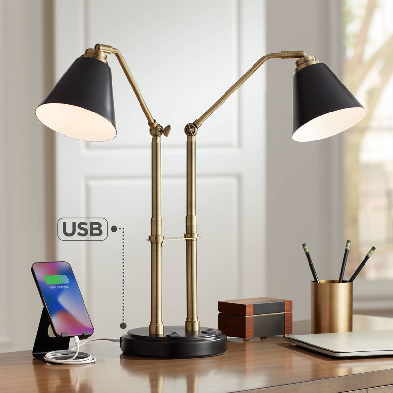 Possini Euro Design Sentry Modern Mid Century Desk Lamp 23" High Black Brass with USB Charging Port LED Adjustable Cone Shade for Bedroom Living Room, 2 of 10