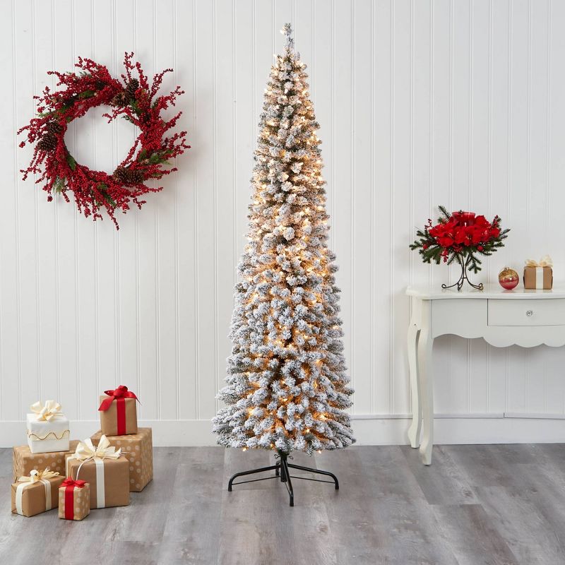 7ft Nearly Natural Pre-Lit Flocked Slim Artificial Christmas Tree Clear Lights, 6 of 12