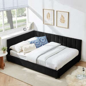 Full Size Upholstered Tufted Bed Frame with Backrest & Armrests, Velvet Sofa Bed for Bedroom or Living Room, Gray/Beige/Black - ModernLuxe - 1 of 4