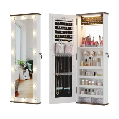 Fredees Farmhouse Jewelry Cabinet with 10 LED Lights, Tall Lockable Wall or Door-Mounted Armoire Organizer with Mirror