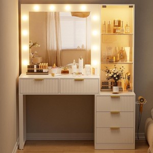PAKASEPT Fluted Makeup Vanity Tables with 25" Lighted Mirror, 58" Modern Vanity Desk with Glass Canbinet & 5 Drawers, Dressing Table - 1 of 4