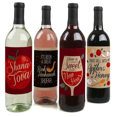 Big Dot of Happiness Rosh Hashanah - New Year Decorations for Women and Men - Wine Bottle Label Stickers - Set of 4