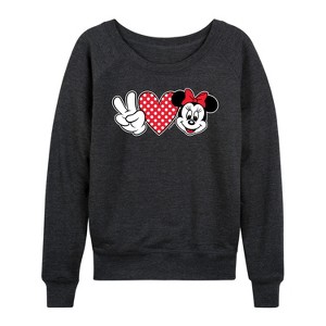 Women's - Disney - Peace Love Minnie Mouse Lightweight French Terry Wide Neck Long Sleeve Shirt - 1 of 4