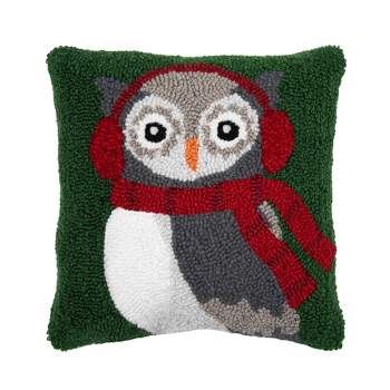 C&F Home 18" x18" Winter Owl Wearing Ear Muff and Scarf on Green Background Cotton Hooked Pillow Accent Throw Pillow