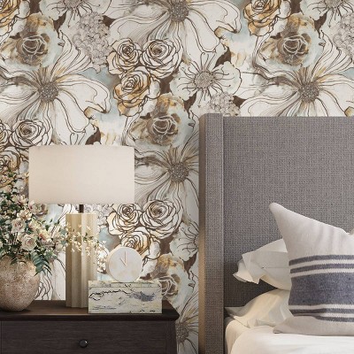 Mocha and Blue Mist Floral Vinyl Peel and Stick Wallpaper