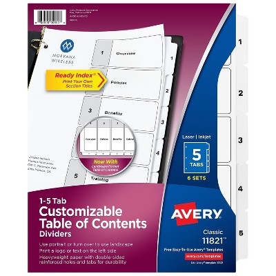 Avery Pre-Printed 5-Tab Numeric Dividers Customizable 11821