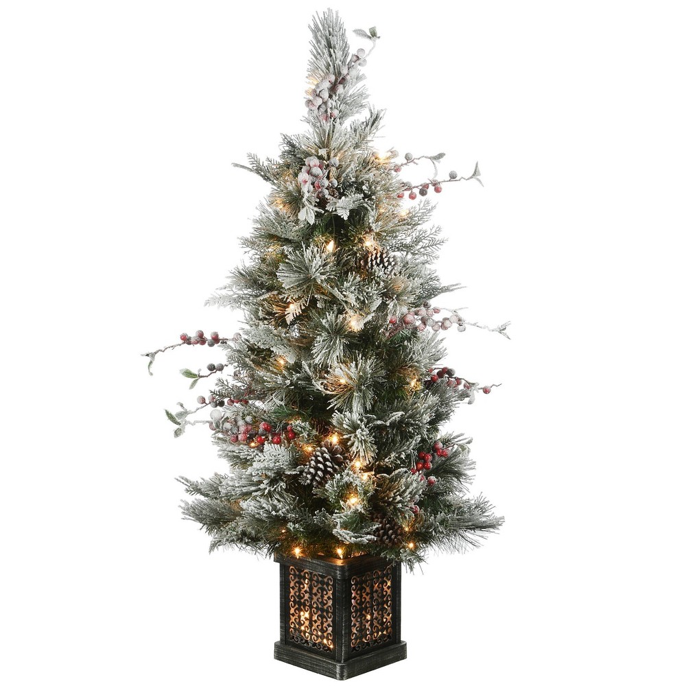 National Tree Company 4ft Snowy Bedford Pine Entrance Tree in Black/Silver Rectangular Pot with 100 Clear Lights