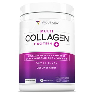 Multi Collagen Protein Plus Powder, Collagen Capsule Hair, Skin and Nails with Hyaluronic Acid and Vitamin C, Unflavored, Vitauthority, 40 Servings - 1 of 4