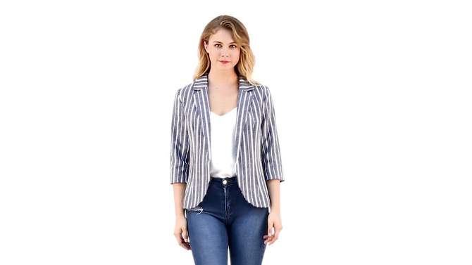 Allegra K Women's Striped 3/4 Sleeves Open Front Casual Notched Lapel Blazer, 2 of 8, play video