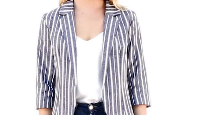 Allegra K Women's Striped 3/4 Sleeves Open Front Casual Notched Lapel Blazer, 2 of 9, play video