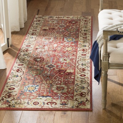 Kashan Red and Beige Synthetic Oriental Rectangular Rug