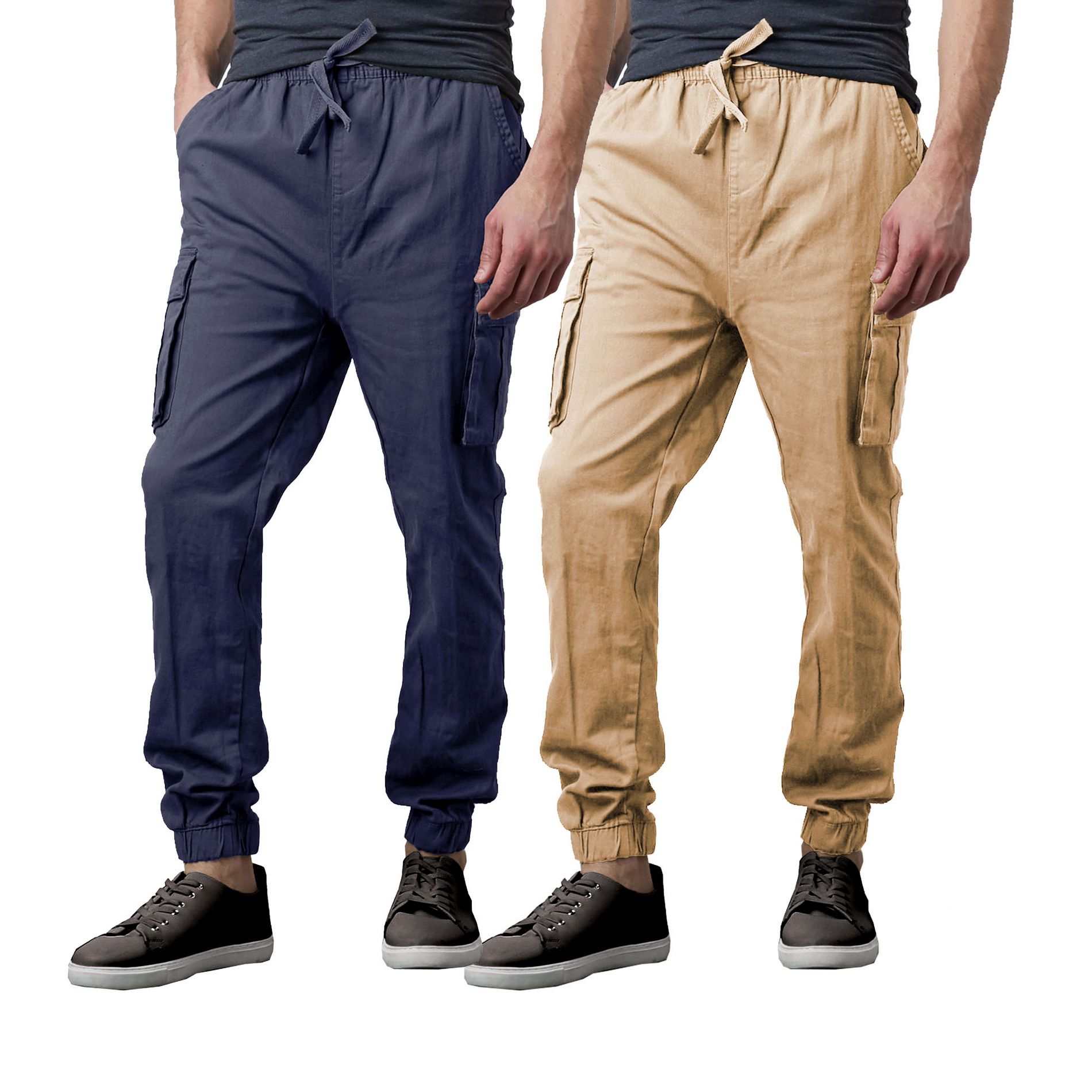 Galaxy By Harvic Men's Slim Fit Cotton Stretch Twill Cargo Joggers-2 Pack - Navy-Khaki, L