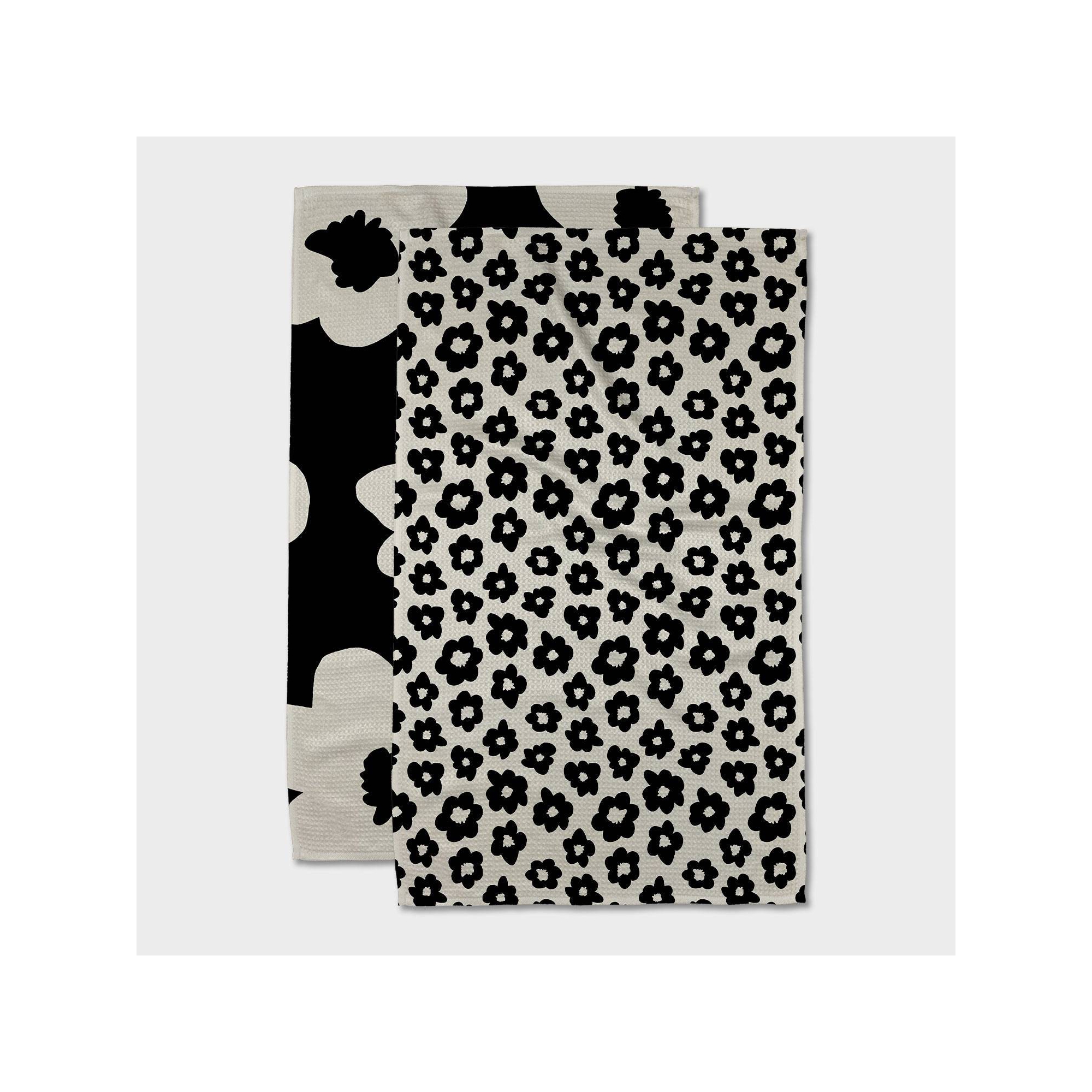 Geometry Tea Towel Set Graphite: Modern Floral Botanical Quick Dry Microfiber Kitchen Towels, 2-Piece, Off-White & Black