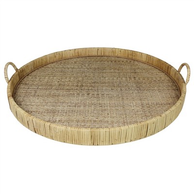 HomeRoots 24" Natural Round Bamboo Handmade Serving Tray With Handles