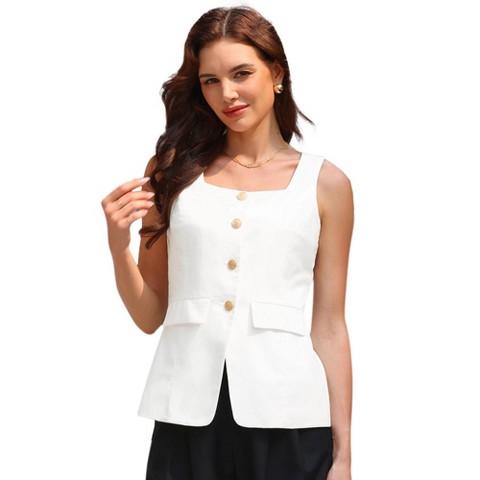 INSPIRE CHIC Women's Linen 2026 Square Neck Sleeveless Button Down Pockets Waistcoat XX-Large White