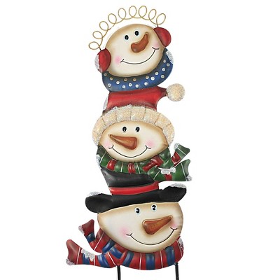 Christmas 3 Metal Snowman Heads On 2 Pole - One Yard Decoration 31.5 ...