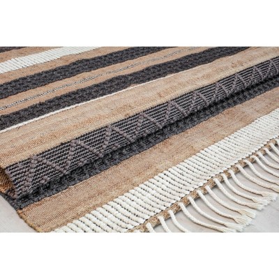 Black and Beige Wool Stripe 5' x 7' Handmade Area Rug