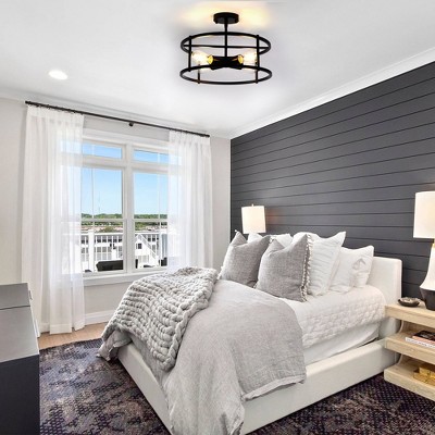 YANSUN 17 in. 4-Light Black Industria Caged Drum Ceiling Semi-Flush Mount Light for Kitchen Island Dining Room