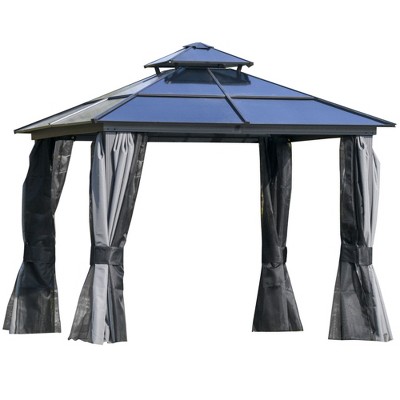 Outsunny Hardtop Gazebo Outdoor Polycarbonate Canopy Aluminum Frame Pergola with Double Vented Roof, Netting & Curtains for Garden