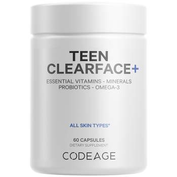 Codeage Teen Clearface Vitamins - All Skin Type Multivitamins, Minerals, Probiotics Supplement for Boys & Girls Ages 12-18 - 60ct
