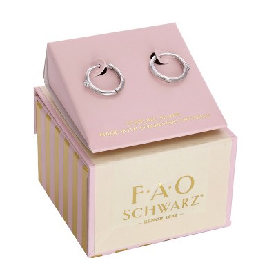 FAO Schwarz Sterling Silver Hoop Earrings with Crystal Stone Accent