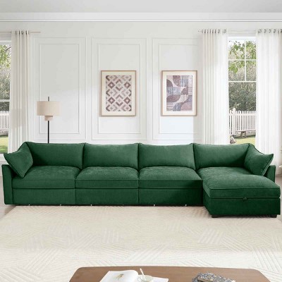 L-Shaped Sectional Sofa with Footstool, 4-Seater Sofa with Pull-Out Storage Drawers, Upholstered Chenille Sofa with Cushion-Coolbibila
