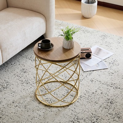 Modern Round Living Room Coffee Table,Interlocking Mesh Design Side Table,Coffee Table With Wooden Tabletop And Metal Frame-Coolbibila