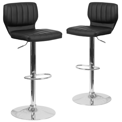 Merrick Lane Set of Two Swivel Bar Stools in Black Vinyl with Vertical Stitched Back and Adjustable Chrome Base with Footrest