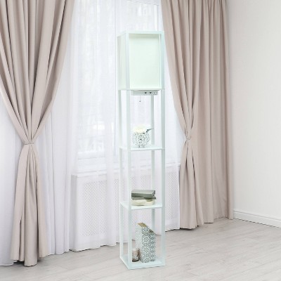 White Wood Floor Lamp with Shelves and Linen Shade