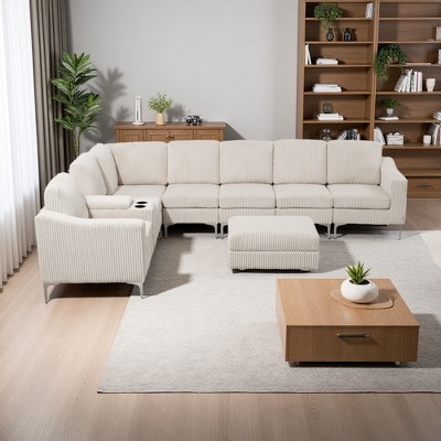 129.14" Corduroy Convertible Modular Sectional Sofa with Storage Ottoman, Console & USB Ports